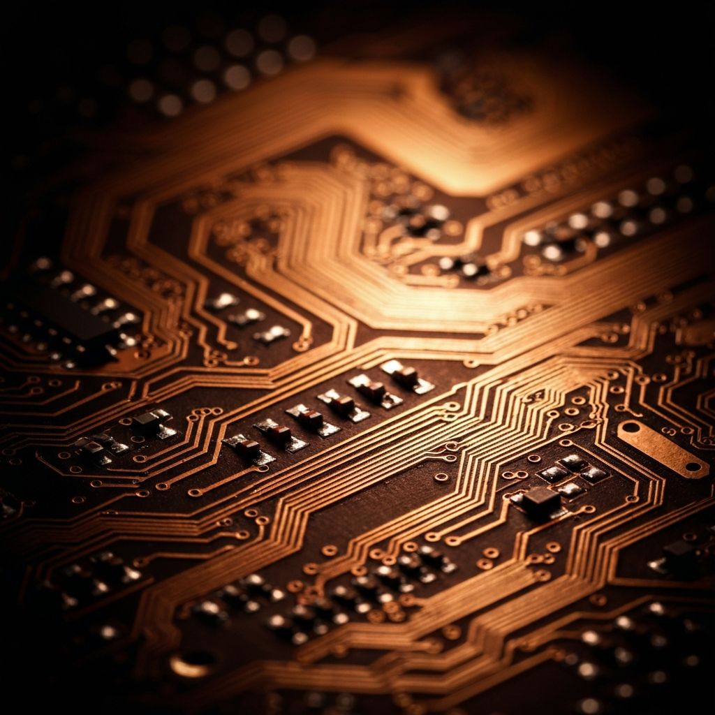 Close-up of circuit board with crimson solder mask and golden copper traces