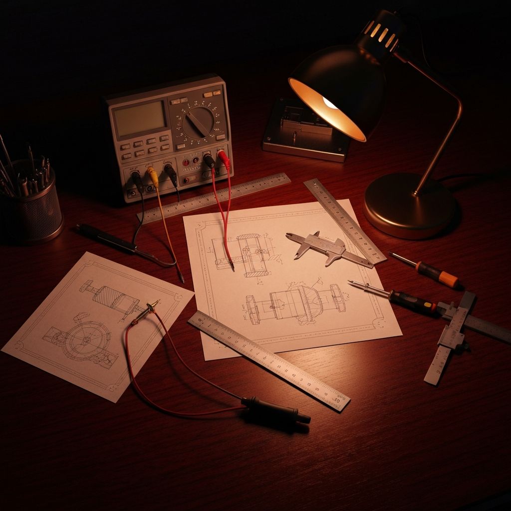Engineer workstation with precision tools and warm lighting