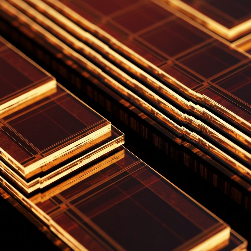 Layered silicon wafer cross-sections with warm amber glow